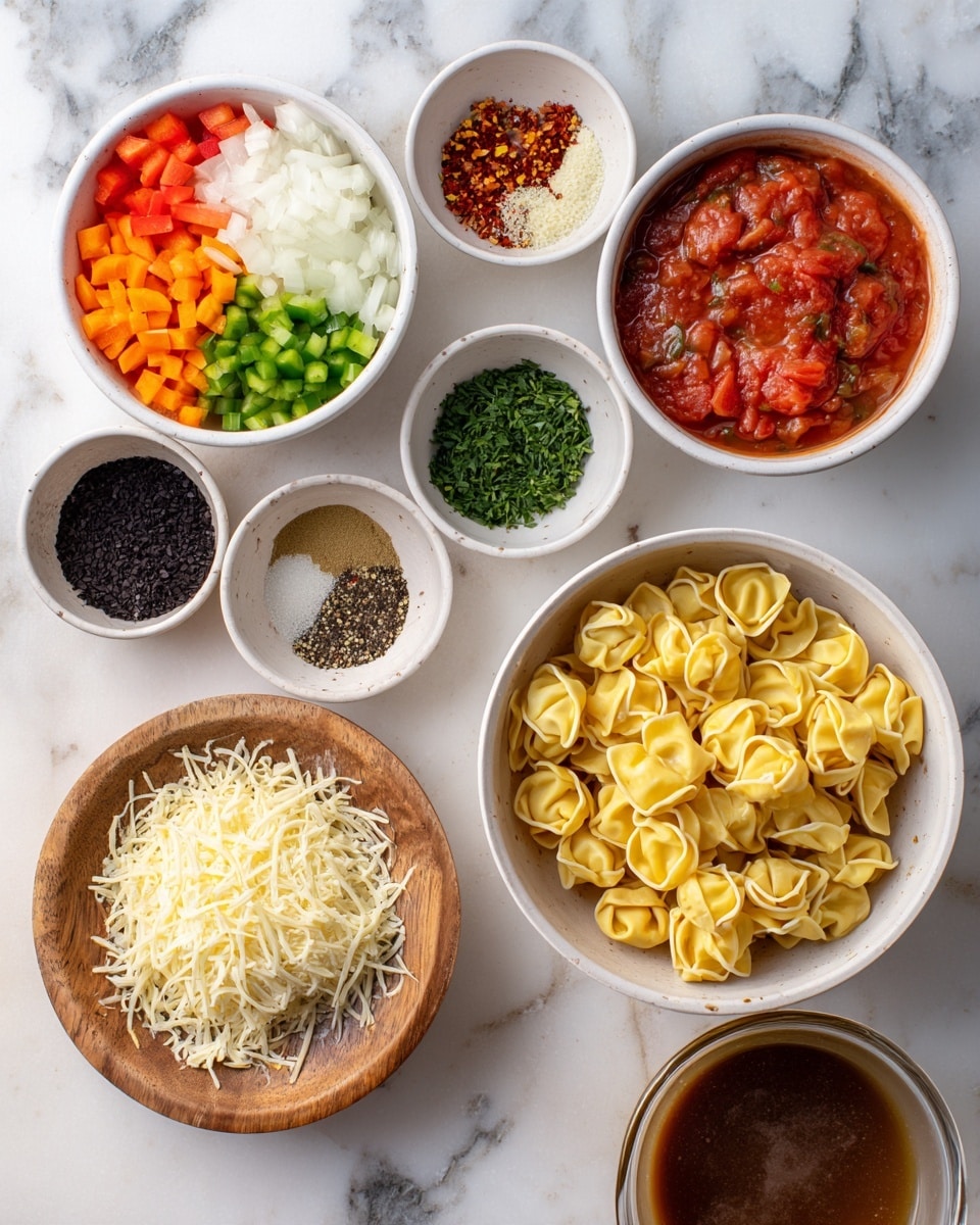 This image shows several small bowls and plates with cooking ingredients arranged on a white marbled surface. In the center, there is a white bowl filled with uncooked yellow tortellini pasta. Below it is a small wooden bowl with shredded cheese, and next to it, some shredded cheese spills slightly onto the surface. On the left, a larger white bowl contains four layers of chopped vegetables: orange carrots, green celery, red bell pepper, and white onions, arranged side by side. Above this, a white plate holds small piles of black pepper, chopped herbs, salt, minced garlic, and red chili flakes, each in distinct sections. To the top right, another white bowl contains chunky tomato sauce with pieces of tomato visible. To the right, a clear glass cup filled with light brown broth sits on the surface. There is no hand in the image. Photo taken with an iphone --ar 4:5 --v 7