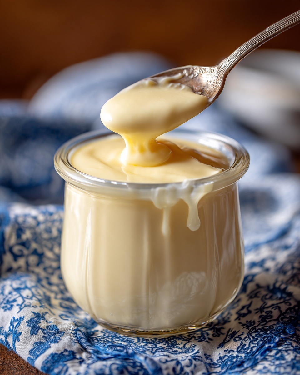 A clear glass bowl is filled with thick, pale yellow Italian pastry cream that is smooth and shiny. The cream is overflowing slightly on the side of the bowl with a rich, soft texture. A spoon is lifting the creamy mixture from the bowl, showing its thick and rich consistency. The background is softly blurred warm tones, and the bowl sits on a blue and white cloth on a white marbled surface. photo taken with an iphone --ar 4:5 --v 7