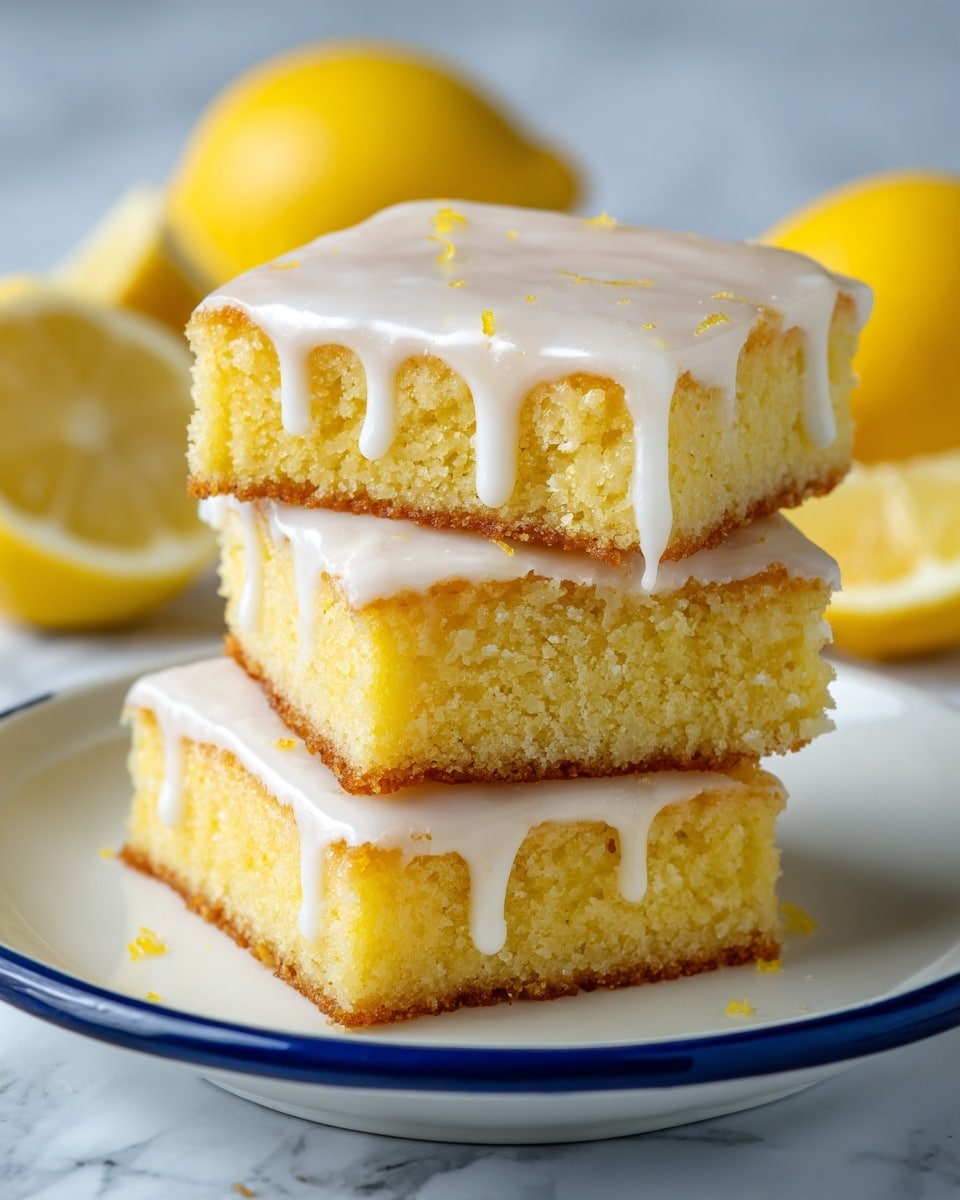 Three lemon brownies are stacked on a white plate with a blue edge, showing a thick, soft, and moist texture inside. The top layer of each brownie is covered with a shiny, smooth white glaze that drips slightly down the sides. The brownies have a pale yellow color with small bits of lemon zest sprinkled on the glaze. The plate sits on a white marbled surface with blurred whole and halved lemons in the background. photo taken with an iphone --ar 4:5 --v 7