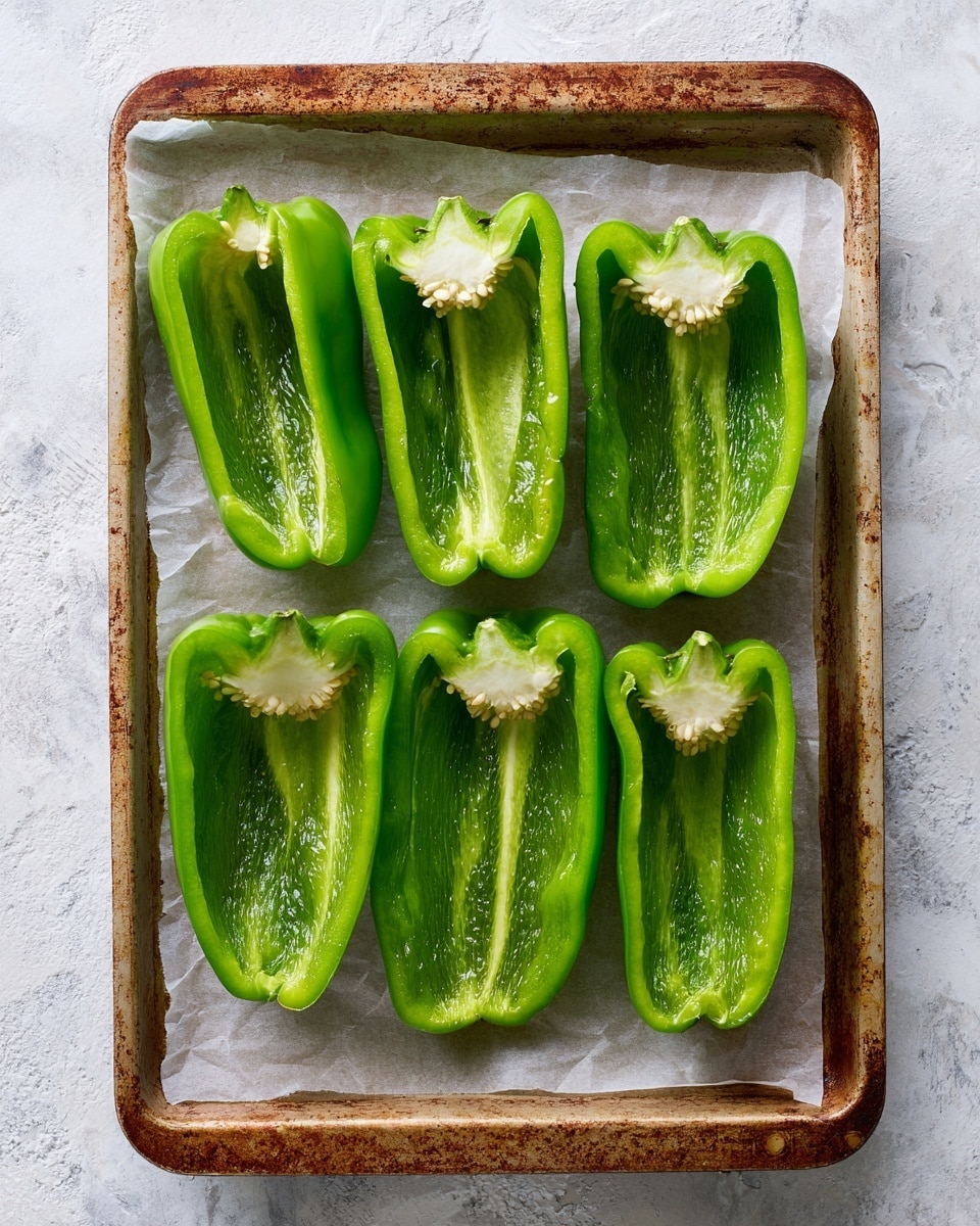 The image shows six green bell peppers, each sliced in half lengthwise and placed cut side up on a sheet of white parchment paper. The parchment paper covers a baking tray with a worn, brownish look showing signs of frequent use. The peppers' bright, fresh green color contrasts with the muted brown of the tray. The inside texture of the peppers is glossy and smooth with visible veins and seeds mostly removed, leaving a clean cavity. The peppers are arranged in two neat vertical rows of three halves each. The background is a white marbled surface. Photo taken with an iphone --ar 4:5 --v 7