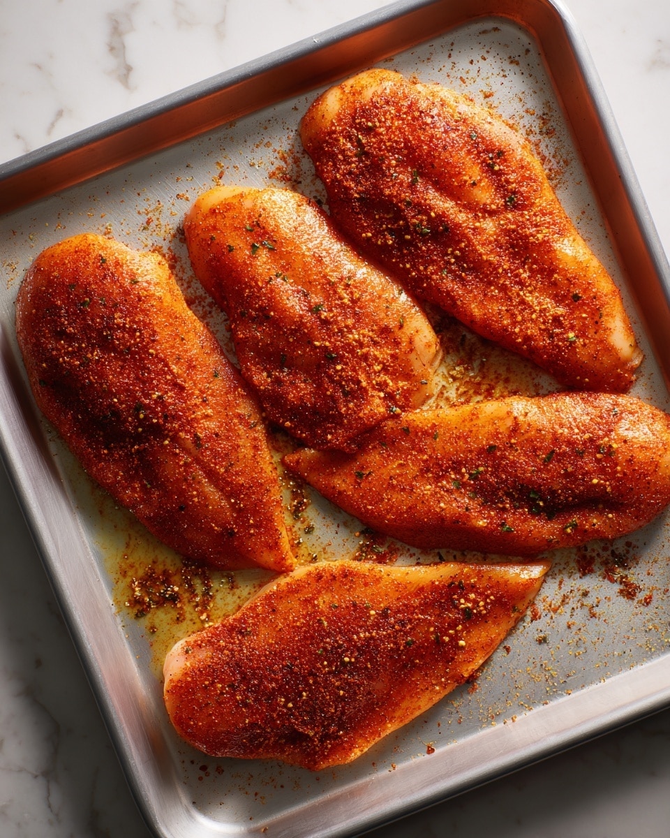 Four raw chicken fillets are laid flat on a light-colored baking tray, each fillet coated evenly with a reddish-brown spice mix that has a coarse, grainy texture with flecks of darker and lighter spices, suggesting a mix of herbs and seasonings. The chicken fillets are placed close to each other, filling most of the tray. The surface beneath the tray is a white marbled texture. The lighting highlights the slightly moist surface of the chicken and the vibrant colors of the seasoning. photo taken with an iphone --ar 4:5 --v 7