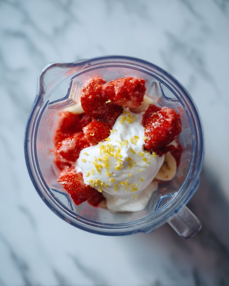 Inside a clear blender, there are six elements: a bottom layer of light beige which looks like banana, several bright red frozen strawberries above it, a layer of thick white cream or yogurt on top, sprinkled with small pieces of yellow lemon zest. The blender blades are visible at the bottom and the container is set on a white marbled surface. The photo is taken from the top looking down into the blender. photo taken with an iphone --ar 4:5 --v 7