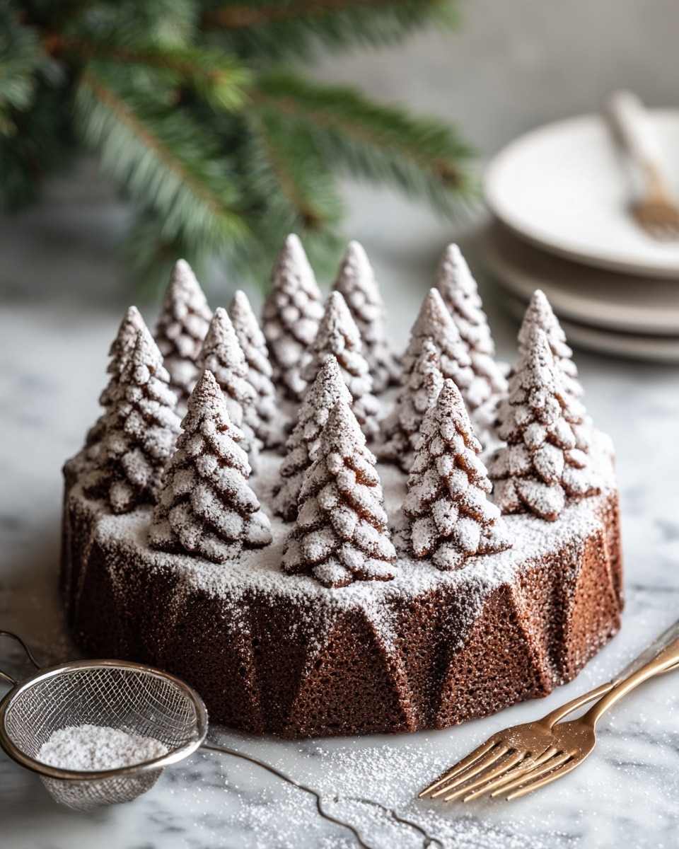 The image shows a round cake shaped like a group of pine trees with many small, detailed cone-like peaks covering its surface. The cake is brown with a slightly rough texture, and it is sprinkled lightly with white powdered sugar that looks like fresh snow over the tops of the pine cones. The cake sits on a white marbled surface with some kitchen tools nearby, such as a small sieve with powdered sugar and two forks with golden handles. There is a small white plate placed nearby, and green pine branches can be seen in a glass container in the background. photo taken with an iphone --ar 4:5 --v 7