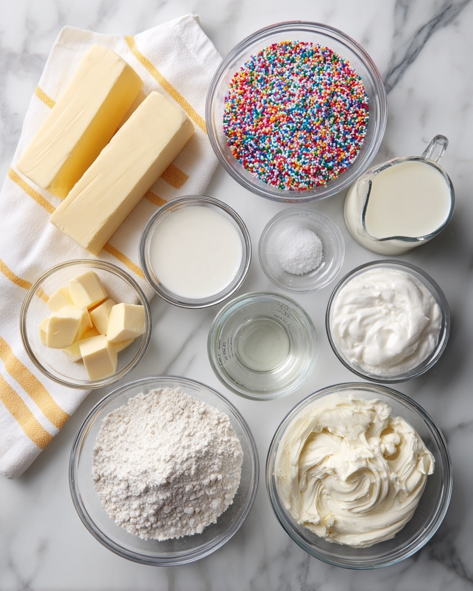 The image shows an overhead view of several clear glass bowls and glass measuring cups arranged neatly on a white marbled surface. The clear bowls contain white powdered sugar, off-white cake flour, and creamy heavy cream. One small clear bowl holds white baking powder, while a small glass measuring cup has clear vanilla extract next to a tiny bowl of salt. Another bowl contains translucent egg whites, and a glass measuring cup is filled with white milk. There are two sticks of pale yellow butter wrapped in paper on the left side, resting on a white and yellow striped cloth. At the top left is a clear bowl filled with colorful rainbow sprinkles. Each ingredient is clearly labeled with large black text above or beside its container. photo taken with an iphone --ar 4:5 --v 7