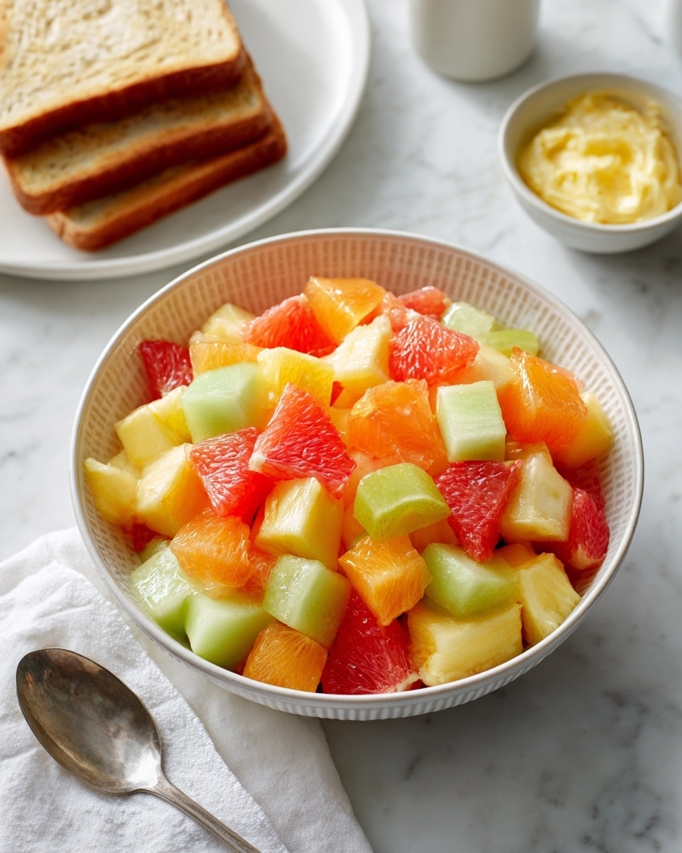 A white textured bowl filled with a colorful mix of diced fruit, including red grapefruit, pale green honeydew melon, bright yellow pineapple, and orange cantaloupe, all sprinkled lightly with green herbs. The bowl sits on a white marbled surface with a white cloth napkin beside it and a silver spoon resting on the napkin. In the background, there are blurred white items including stacked white toast and a small white bowl of yellow spread. Photo taken with an iphone --ar 4:5 --v 7