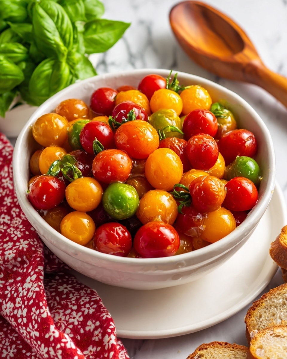 A white bowl is full of glossy cherry tomatoes in different colors—red, orange, and green—partially covered with a dark liquid that looks like oil. The tomatoes are smooth and shiny, reflecting light. The bowl sits on a white plate with a red and white leaf pattern around its edge. On the plate next to the bowl is a piece of brown bread with a rough texture. A green basil leaf with visible veins lies behind the bowl on the plate. Also visible in the background are a wooden pepper grinder and a metal utensil handle. The whole scene is placed on a white marbled surface. Photo taken with an iphone --ar 4:5 --v 7