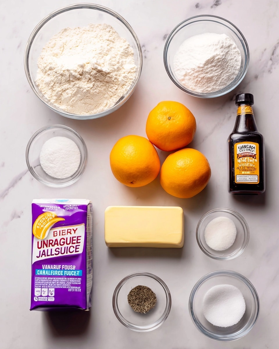 The image shows a top view of a white marbled surface with several cooking ingredients neatly arranged. At the top left is a clear glass bowl filled with off-white flour, labeled