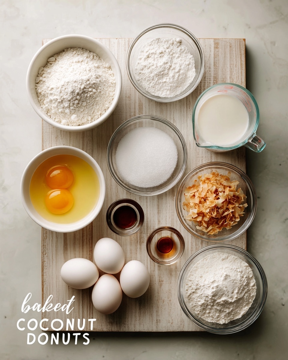 The image shows a flat wooden surface with several clear and white bowls arranged neatly, each holding different baking ingredients for coconut donuts. Starting from the top left, there is a white bowl filled with white flour. To the right is a clear bowl with white powdered sugar inside, followed by a clear measuring cup filled with milk. Next to that, on the far right, is a small white bowl holding toasted coconut flakes with a light golden-brown color. Below, there are two white eggs to the left of a clear bowl filled with melted yellow butter. A small clear bowl holds white salt, positioned to the right of the butter. Next to the salt is a small dark bottle of vanilla extract. Below the butter and salt is a small clear bowl with white baking powder, and a larger clear bowl filled with granulated white sugar sits to the far right. All items are placed on a light wooden table with a white marbled texture background. The text