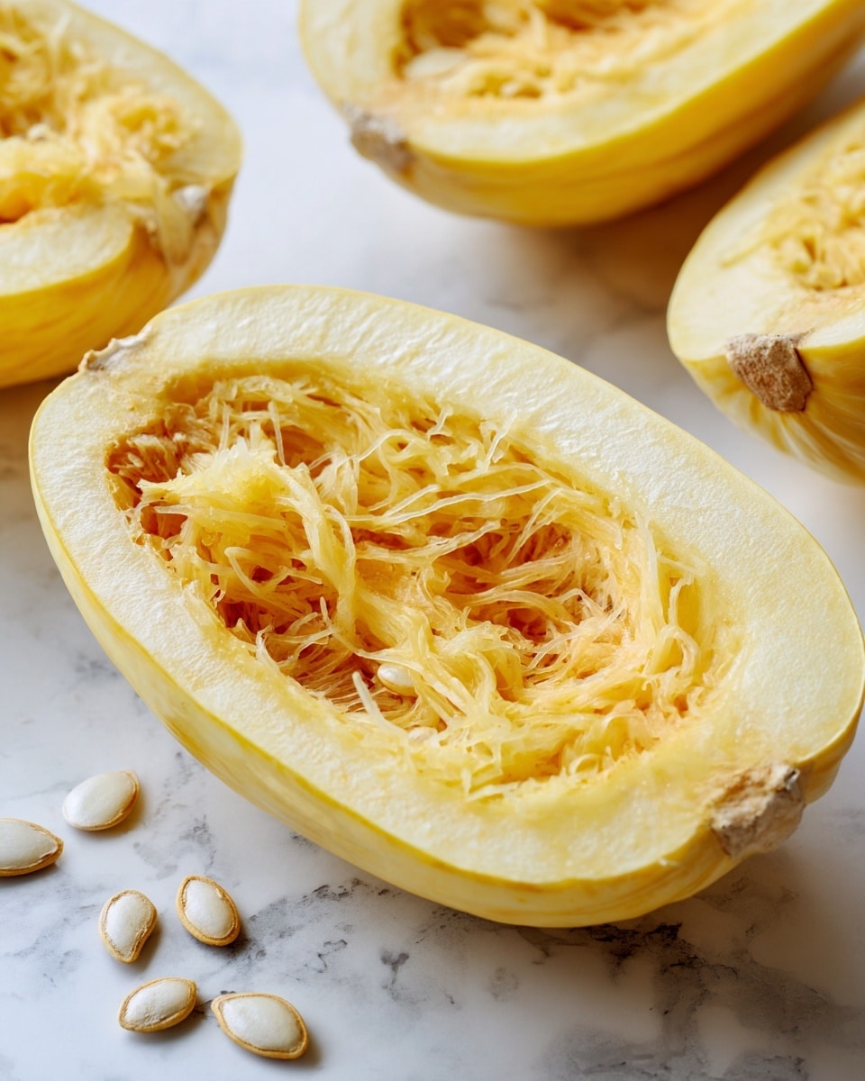 The image shows a close-up of a halved spaghetti squash placed on a white marbled surface. The squash has a pale yellow skin and the inside reveals a hollow cavity filled with light orange fibrous strands and several off-white seeds scattered around. The texture inside is stringy and slightly moist, with the thick pale yellow flesh surrounding the central cavity, completing the oval shape of the squash half. Parts of other squash halves are visible on the edges of the image. photo taken with an iphone --ar 4:5 --v 7