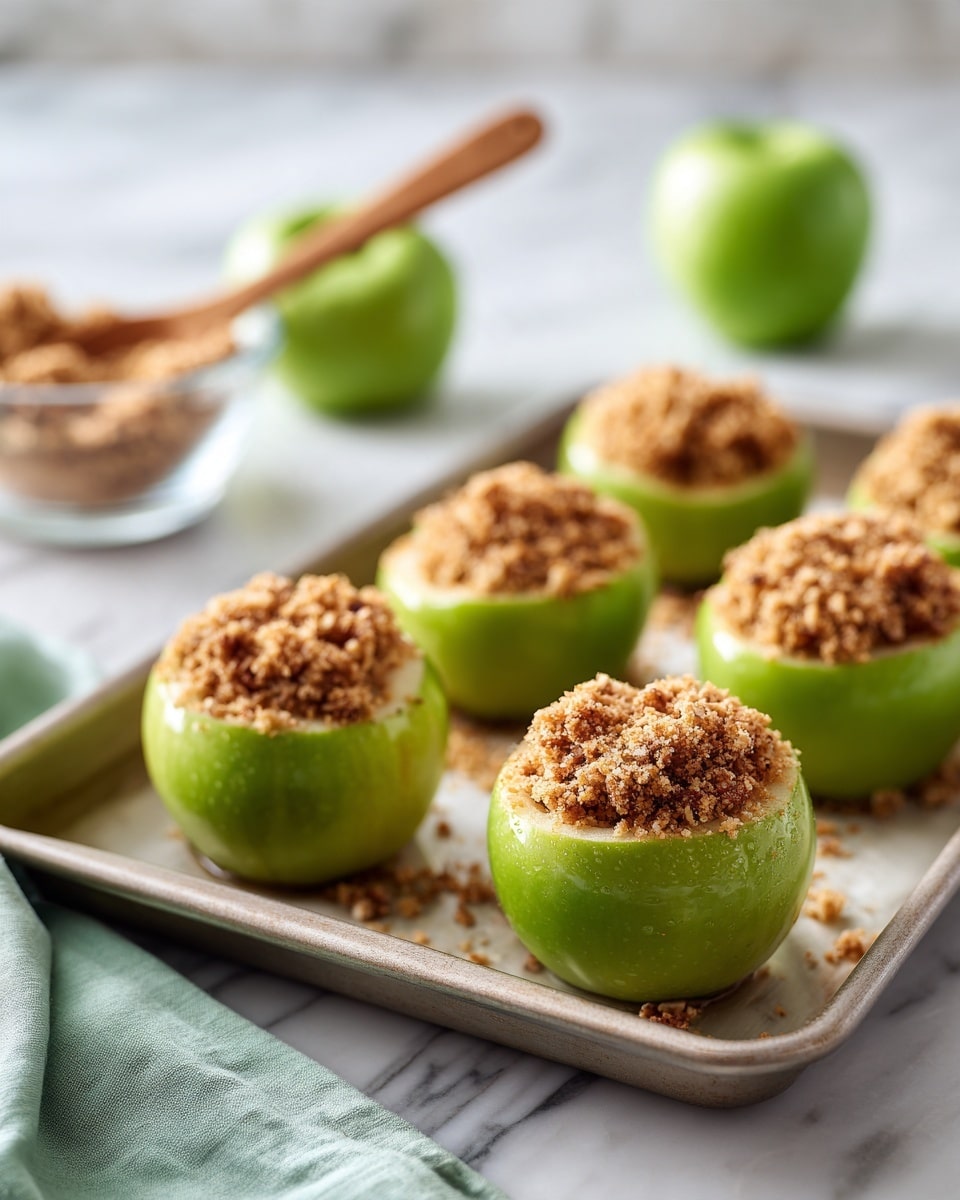 The image shows a tray with a row of green apple halves placed on a silver baking sheet. Each apple half is topped with a crumbly, light brown oat and cinnamon mixture that looks rough and textured. The apples have a smooth, shiny green skin and pale cream inside, with the topping piled nicely in the middle where the core was removed. In the blurred background, there is another green apple and a small glass bowl filled with the same crumbly topping, with a wooden spoon sticking out. The scene is set on a white marbled surface with a pale green cloth napkin to the left. photo taken with an iphone --ar 4:5 --v 7