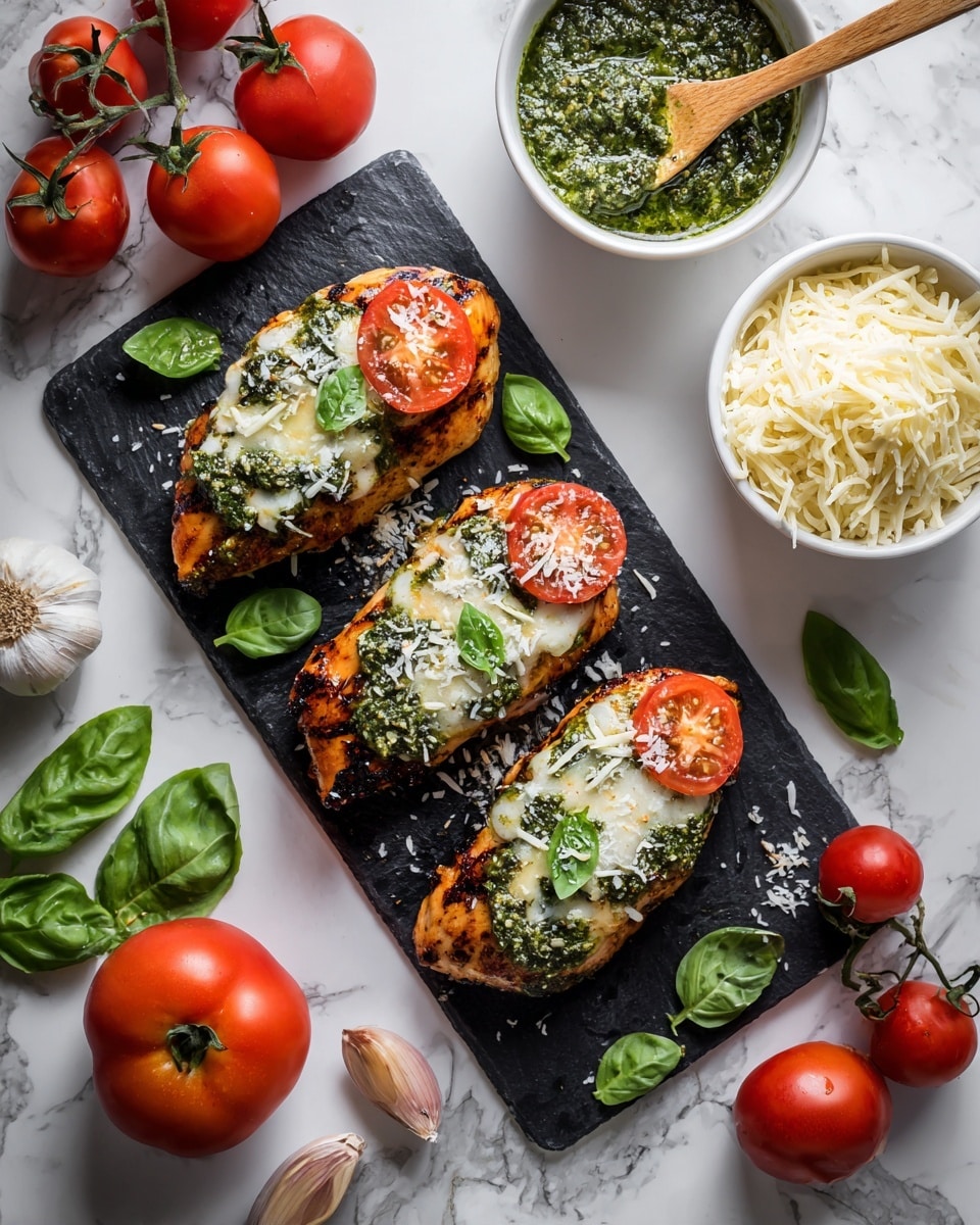 The image shows three grilled chicken pieces placed on a black slate serving board. Each chicken piece is topped with a green pesto sauce as the base layer, followed by two slices of red tomato and a layer of melted white cheese sprinkled with green basil leaves. The board is on a white marbled surface and around it are fresh red tomatoes, a whole garlic bulb, fresh basil leaves, a white bowl filled with green pesto sauce with a wooden spoon, and another white bowl filled with shredded cheese. Photo taken with an iphone --ar 4:5 --v 7