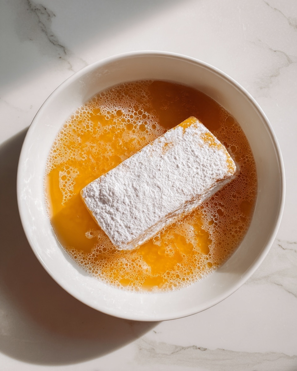 A white bowl with a white rectangular piece of food covered in light flour, lying in a shallow pool of orange liquid with bubbles floating on the surface. The liquid fills the bottom of the bowl and spreads evenly around the piece. The bowl sits on a white marbled surface. Photo taken with an iphone --ar 4:5 --v 7
