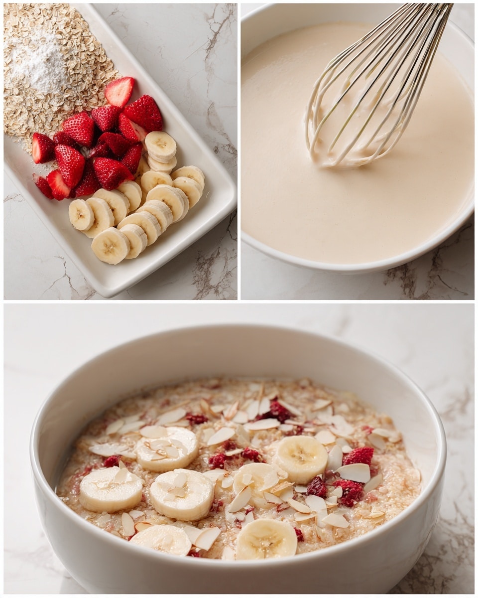 The image shows three parts of making a dish. In the first part, there is a white bowl filled with a light beige liquid batter being whisked with a whisk that has colorful wires, next to a pile of dry rolled oats and sliced red strawberries in a white tray. The second part shows a white tray with evenly spread round slices of banana arranged in one layer. The third part is a close-up of the final layered dish with a rough textured top layer made of oats mixed with small pieces of red fruit and thin white slivers of almonds scattered evenly across. The background surface throughout is a white marbled texture. photo taken with an iphone --ar 4:5 --v 7