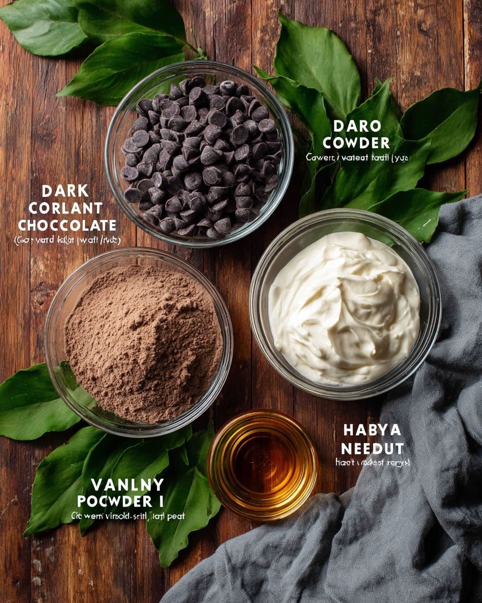 The image shows a wooden table with four clear glass bowls arranged closely. The largest bowl on the top left contains dark brown chocolate chips labeled