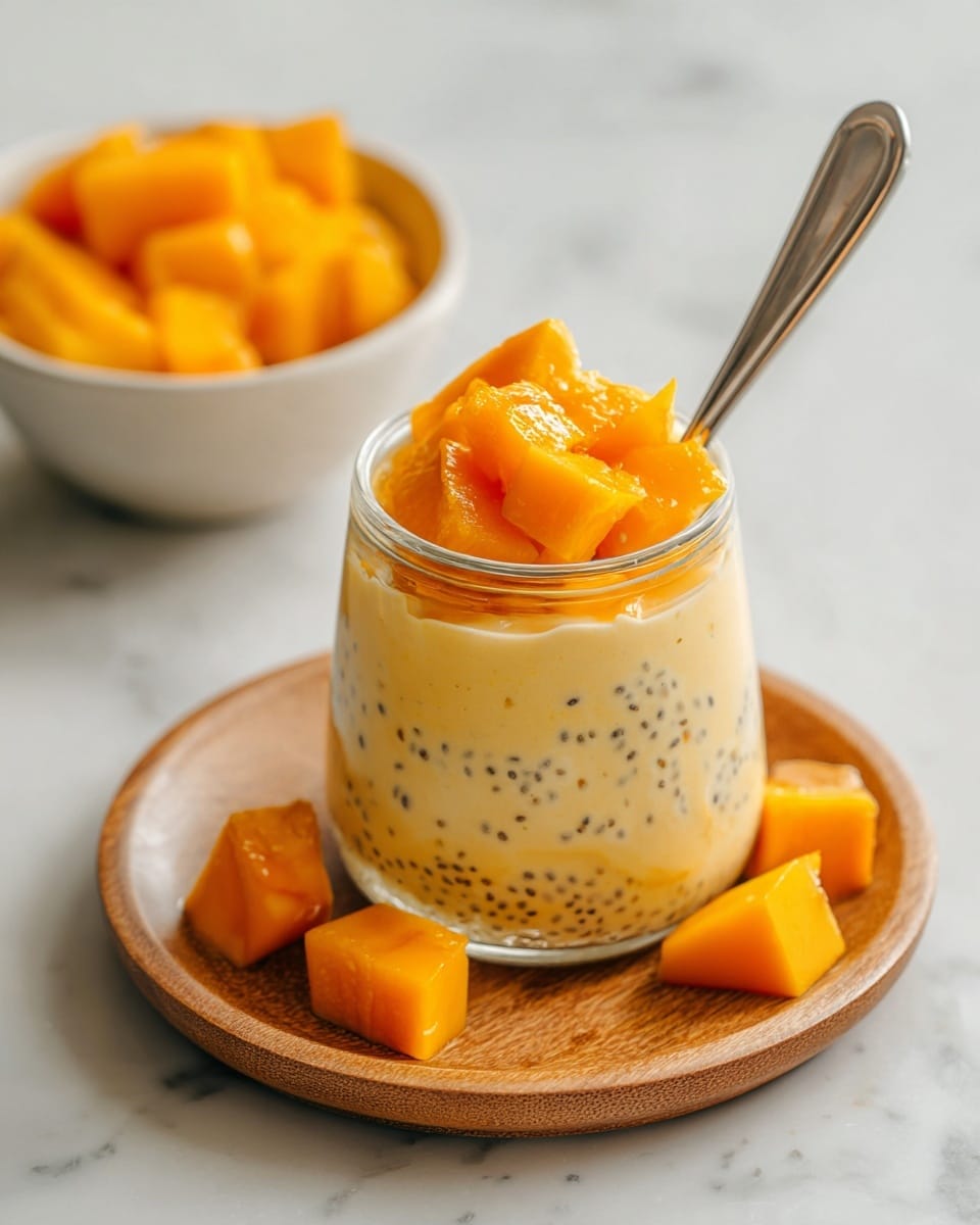 The image shows a glass with four round layers of thick, creamy, pale yellow pudding with small black specks, stacked one over the other. On top of the pudding, there are several bright orange, cubed mango pieces. A silver spoon is placed inside the glass on the right side. The glass is set on a wooden tray with scattered mango cubes around it. In the background, there is a white bowl filled with more bright orange mango cubes. The whole scene is on a white marbled texture surface. photo taken with an iphone --ar 4:5 --v 7