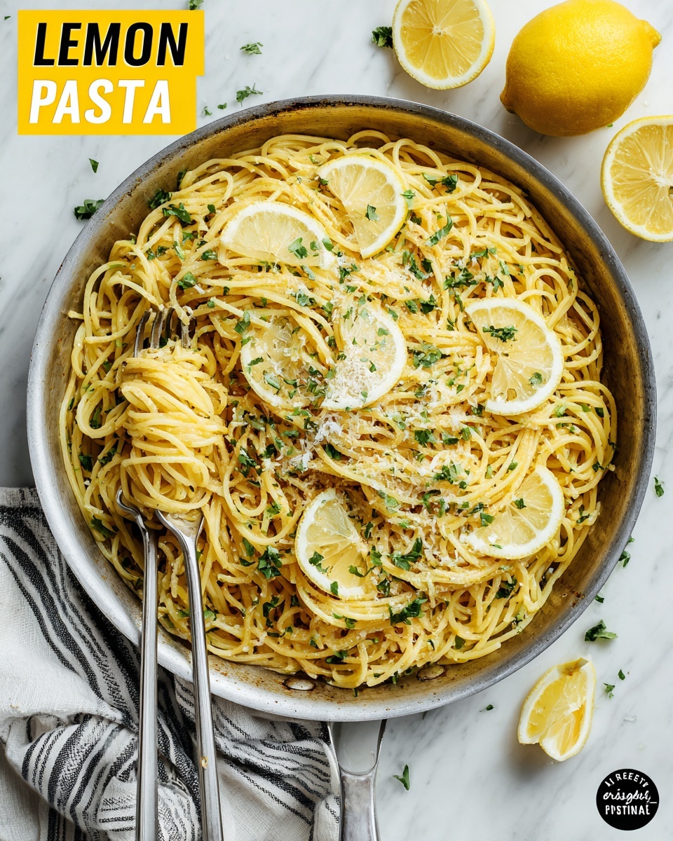 A large round white bowl filled with cooked spaghetti pasta that has a light yellow color from lemon sauce, sprinkled evenly with green parsley and small white grated cheese bits. On top, there are three thin lemon slices placed around the pasta's edge. A pair of metal tongs is holding some pasta slightly lifted from the bowl. The bowl is placed on a wooden surface with a white marbled texture visible at the edges. A white and blue striped cloth is under part of the bowl, and leafy green lettuce is partly visible in the background. photo taken with an iphone --ar 4:5 --v 7