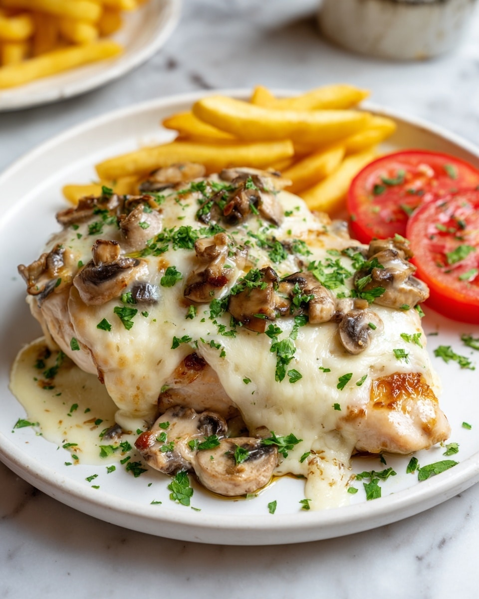 A close-up of a cooked chicken dish layered on a white plate with a blue rim, placed on a white marbled surface. The base layer is light golden cooked chicken, topped with a generous layer of melted cheese that is creamy white with browned spots. Scattered on top are small pieces of cooked bacon with dark brown edges and some mushroom slices, all covered by more melted cheese. Small green parsley leaves are sprinkled on the top for a fresh touch. In the background, a blurred white dish holds a yellow sauce, and behind it, there is a large red tomato on the white marbled surface. photo taken with an iphone --ar 4:5 --v 7