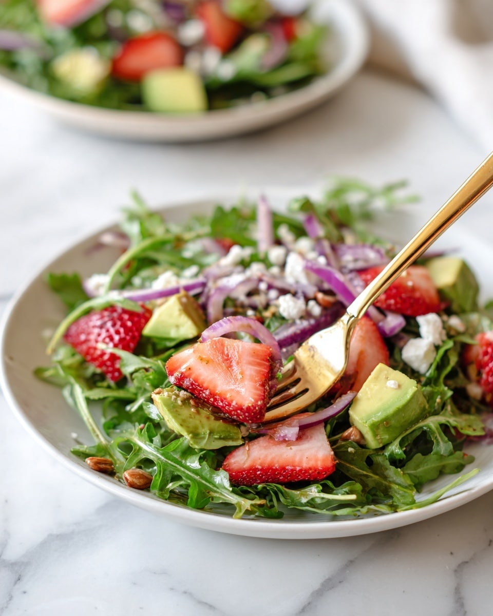 A white plate sits on a white marbled surface, filled with a fresh arugula salad that has several distinct layers. The base layer is dark green arugula leaves with a fresh, leafy texture. On top are bright red strawberry slices and vibrant green avocado chunks scattered evenly. Thin, light purple onion slices add color contrast among the greens and reds. Small white crumbles of cheese and pale pine nuts are sprinkled across the salad, adding texture and detail. A woman’s hand holds a gold fork lifting a bite with mixed ingredients, showing a rich combination of salad colors and textures. photo taken with an iphone --ar 4:5 --v 7