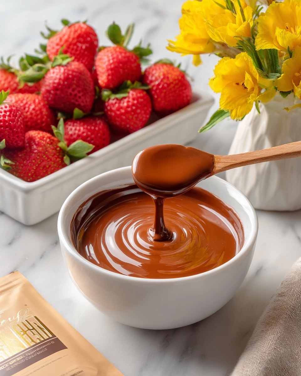 A white bowl filled with smooth, bright orange liquid chocolate with a glossy texture, slightly swirling in the center where a wooden spoon with a matching bright orange coating drips a thick line of it back into the bowl. Behind the bowl, there is a white tray holding fresh red strawberries with green leaves. To the right, a small white vase contains bright yellow flowers. The setting is on a white marbled surface. A partly visible beige package with gold and brown text lies in front of the bowl. Photo taken with an iphone --ar 4:5 --v 7