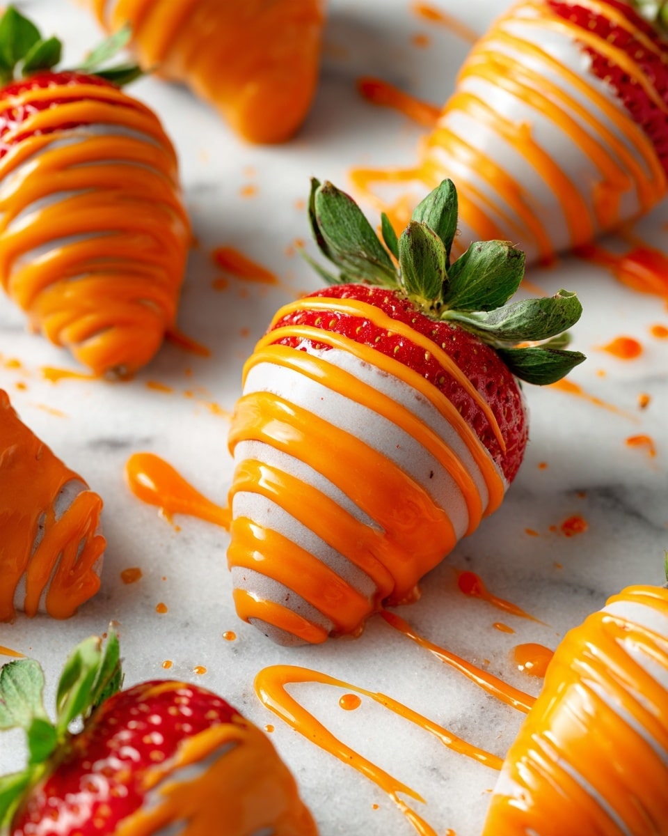 Several fresh strawberries with green leafy tops are covered in a smooth, thick layer of bright orange coating. Each strawberry has an extra drizzle of the same orange coating on top, creating thin, flowing lines. The strawberries rest on a light white marbled surface with random splashes and small puddles of the orange coating around them. The image is close-up, focusing on the textured detail of the coating and the fresh strawberries. photo taken with an iphone --ar 4:5 --v 7