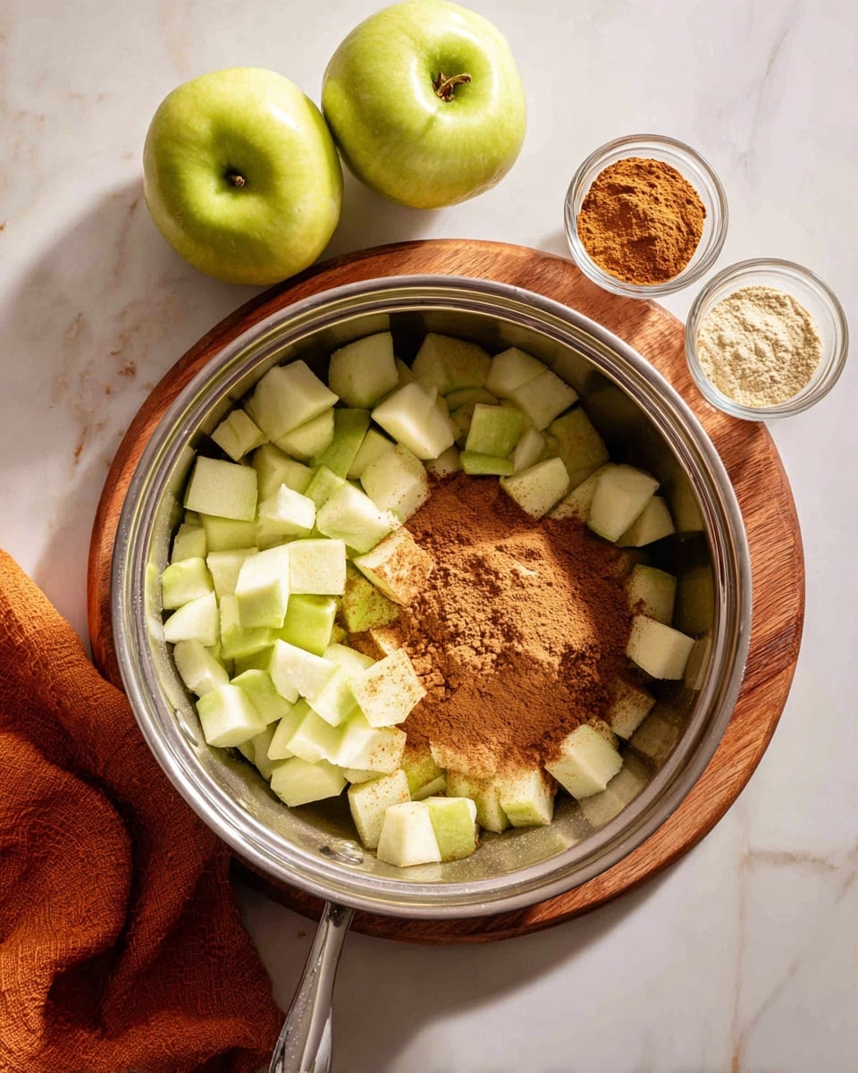 Inside a shiny silver pot, small pale green cubes, likely diced apples, are scattered mostly around the center and left side. On top of the apple pieces, there is a layer of brown powder, possibly cinnamon or another spice, unevenly spread. The pot sits on a round wooden board placed on a white marbled surface. In the background, there are two green apples and two small clear containers filled with brown and beige powders. A soft orange fabric can be seen at the bottom left corner of the image. photo taken with an iphone --ar 4:5 --v 7