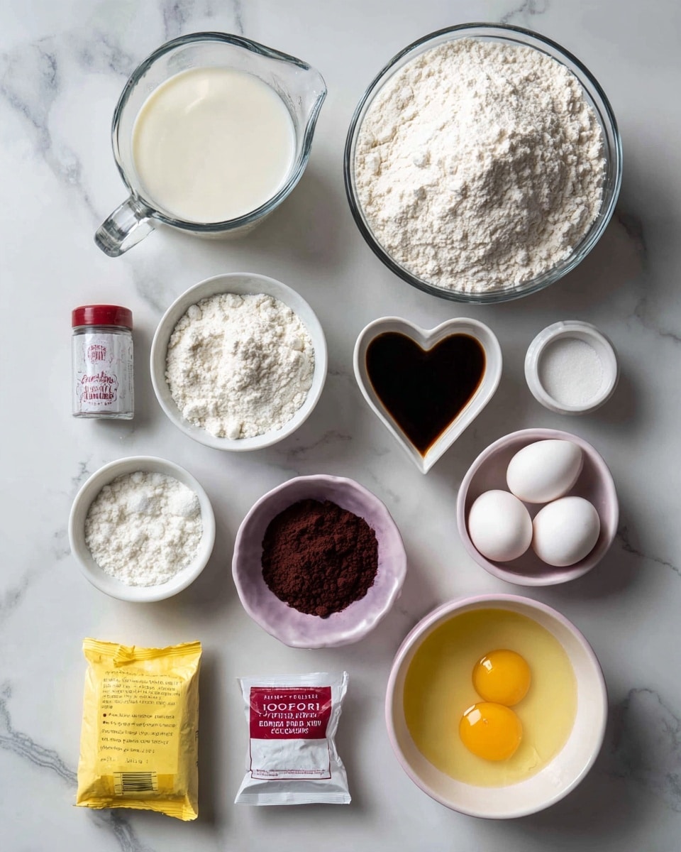 The image shows several baking ingredients arranged neatly on a white marbled surface. There is one large clear glass bowl filled with white flour on the upper right side. Next to it on top left is a clear measuring jug filled with milk. Below the measuring jug, there is a small white bowl with a white powder, likely salt. To the right of the salt, a light purple bowl contains white granulated sugar. A white heart-shaped dish holds a dark liquid, probably vanilla extract, near the center left. Below that, a bright yellow packet labeled cocoa powder lies next to a small pink bowl filled with dark brown cocoa powder. In the center, a sealed packet of yeast and a small jar of red food coloring are placed. On the right side, there is a white bowl with two raw eggs and below it, a larger white bowl filled with melted yellow butter. photo taken with an iphone --ar 4:5 --v 7