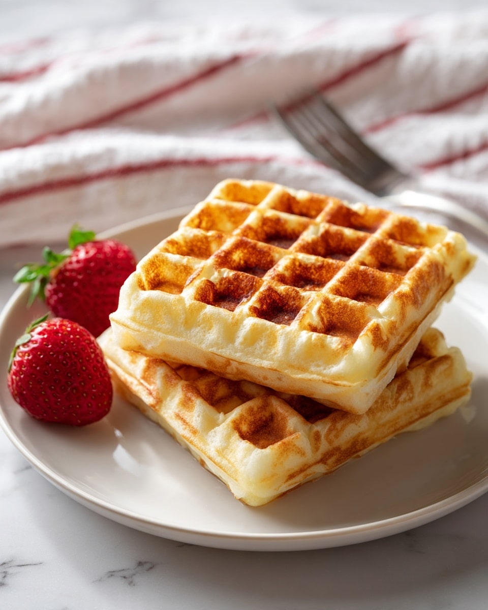 Two square mochi waffles are stacked on a white plate, each waffle showing a golden-brown color with a slightly crispy texture on the outside and soft, chewy inside texture visible in the small pockets. Next to the waffles, there are two fresh red strawberries with green tops. The plate sits on a white marbled surface, with a blurred white and red striped cloth and a fork in the background. The image has soft, natural light highlighting the waffles' texture and color. photo taken with an iphone --ar 4:5 --v 7