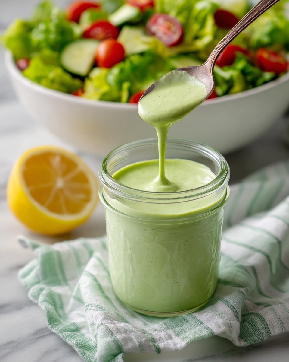 A clear glass jar filled with smooth, light green sauce that has a creamy texture and small air bubbles inside; a spoon is lifting some sauce from the jar, showing it dripping back slowly. The jar sits on a white and green striped cloth on a white marbled surface. In the background, there is a white bowl filled with a salad made of green lettuce and red cherry tomatoes, and half a lemon is visible to the side, adding a bright yellow color to the scene. Photo taken with an iphone --ar 4:5 --v 7