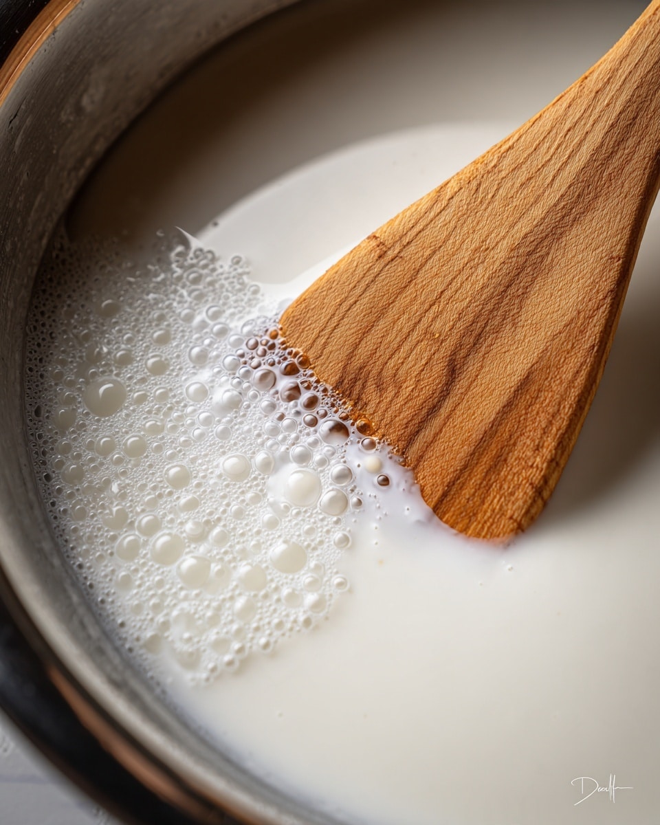 A close-up photo showing a shiny metal pot filled with white milk. A wooden spatula with a smooth texture is resting inside the pot, partly submerged in the milk. The background includes a shiny metal surface, and there are small bubbles clinging to the inner side of the pot near the milk’s surface. The lighting creates soft reflections on the milk and the pot. photo taken with an iphone --ar 4:5 --v 7