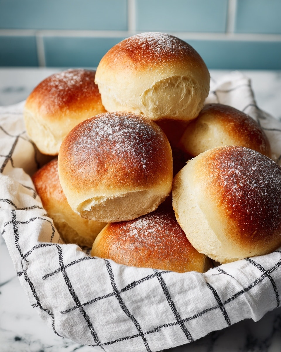A close-up of seven golden-brown bread rolls with a smooth, slightly crusty top layer and a soft, lighter cream bottom layer, resting on a white towel with black grid lines, placed inside a white container. The rolls have a slightly oval shape with a gentle ridge on top, showing a natural, rustic texture and a light dusting of flour on some surfaces. The background is a white marbled texture with a tiled wall behind. photo taken with an iphone --ar 4:5 --v 7