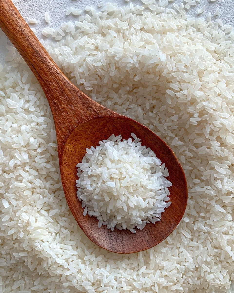 A close-up view of a single layer of white cooked rice grains filling the frame, with a brown wooden spoon placed diagonally across the center holding a small pile of the same white fluffy rice, showing fine and soft texture of each grain. The background is a white marbled texture. Photo taken with an iphone --ar 4:5 --v 7