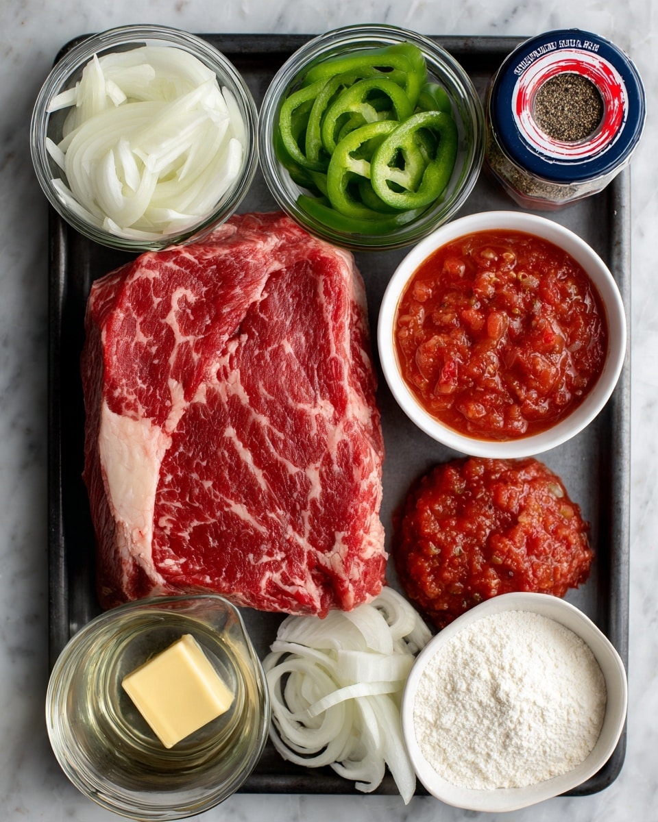 A close-up top view of a raw beef rump roast with red and white marbled texture placed on black tray in center of the image, surrounded by small clear glass jars containing sliced white onions, green bell pepper strips, and white flour. To the right of the beef, there is a white bowl filled with chunky red tomato sauce, and next to it, a large container of black and blue labeled salt. Above the beef is a small red and white seasoning tin of black pepper. On the bottom left corner is a glass measuring cup with clear liquid next to a small pat of yellow butter, all set on a white marbled surface photo taken with an iphone --ar 4:5 --v 7