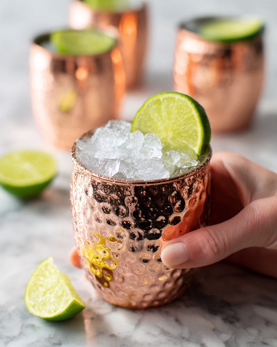 A close-up view of a copper cup with a dimpled texture filled with clear ice cubes, topped with a bright green lime wheel placed on the rim. A woman's hand is holding the copper cup by its handle on the left side. In the background, there are two more copper cups also filled with ice and garnished with lime wheels, all placed on a white marbled surface with a lime slice lying flat. The lighting is soft and natural, highlighting the metallic shine of the cups and the freshness of the lime. photo taken with an iphone --ar 4:5 --v 7