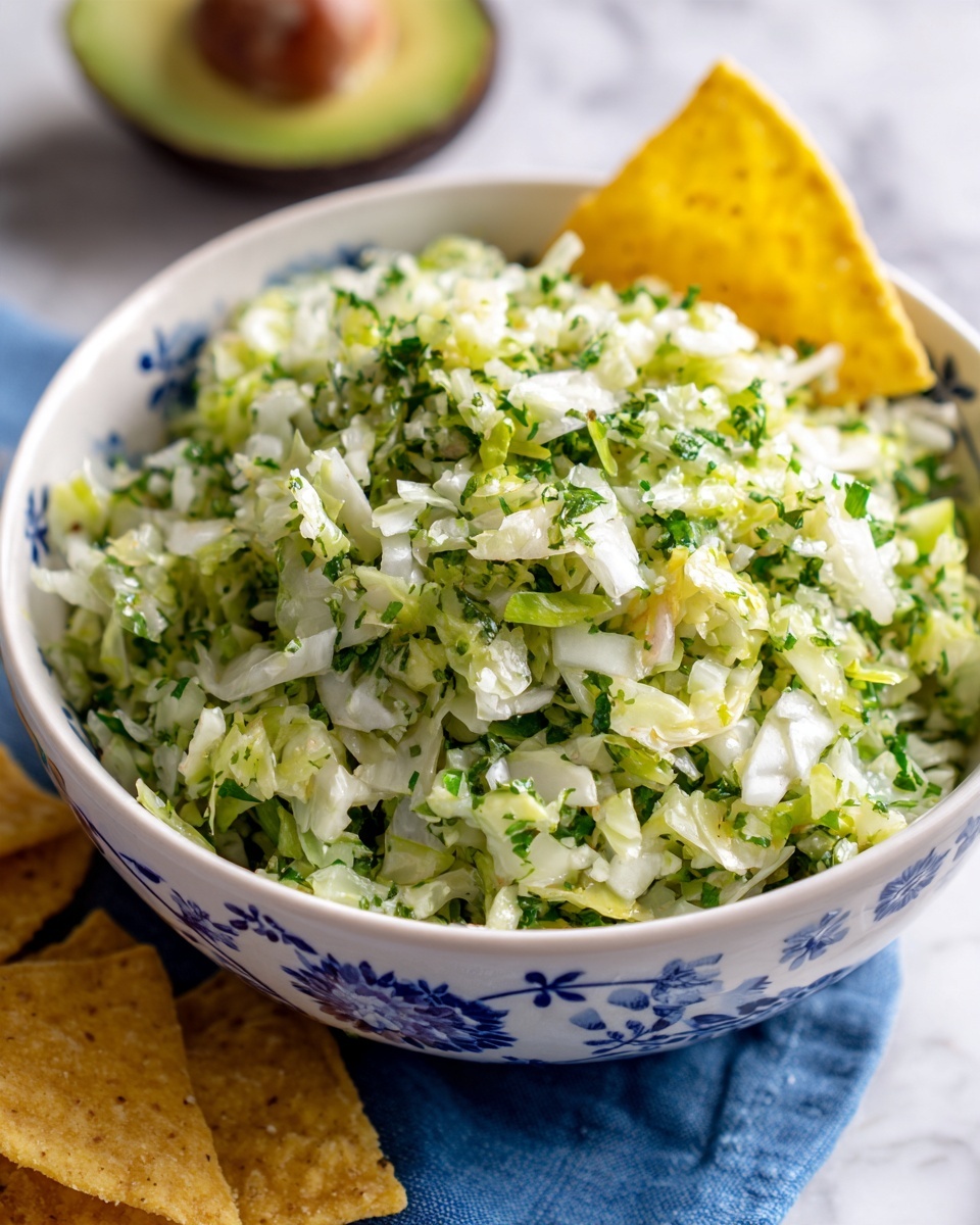 A white bowl with blue floral patterns holds a creamy green dish made from finely chopped light green vegetables mixed with herbs that add darker green spots, creating a textured and fresh look. On top, near the center, a single golden yellow tortilla chip is stuck upright, partially submerged in the mixture. Around the bowl, on a dark blue cloth on a white marbled surface, are several more yellow tortilla chips scattered casually. In the background, a cut avocado, showing its green flesh and brown seed, rests next to a tortilla chip. Photo taken with an iphone --ar 4:5 --v 7