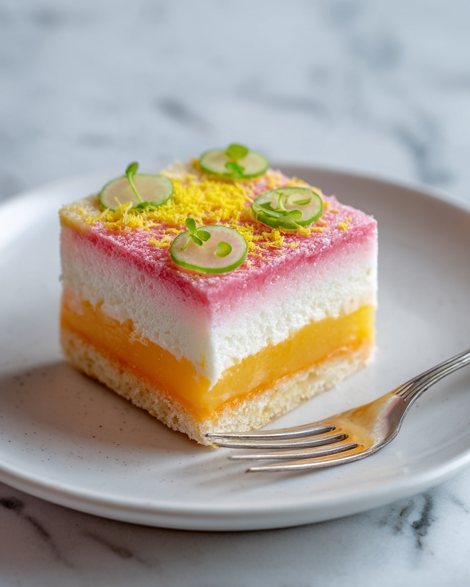 A close-up view of a square piece of layered salad on a white plate, showing four distinct layers. The bottom layer is light orange and soft, the second layer is creamy white with a smooth texture, the third layer is bright pink and thick, and the top layer is a mix of finely chopped white and yellow elements sprinkled with small green pieces on top. A fork rests on the right side of the plate. The background is a white marbled surface photo taken with an iphone --ar 4:5 --v 7