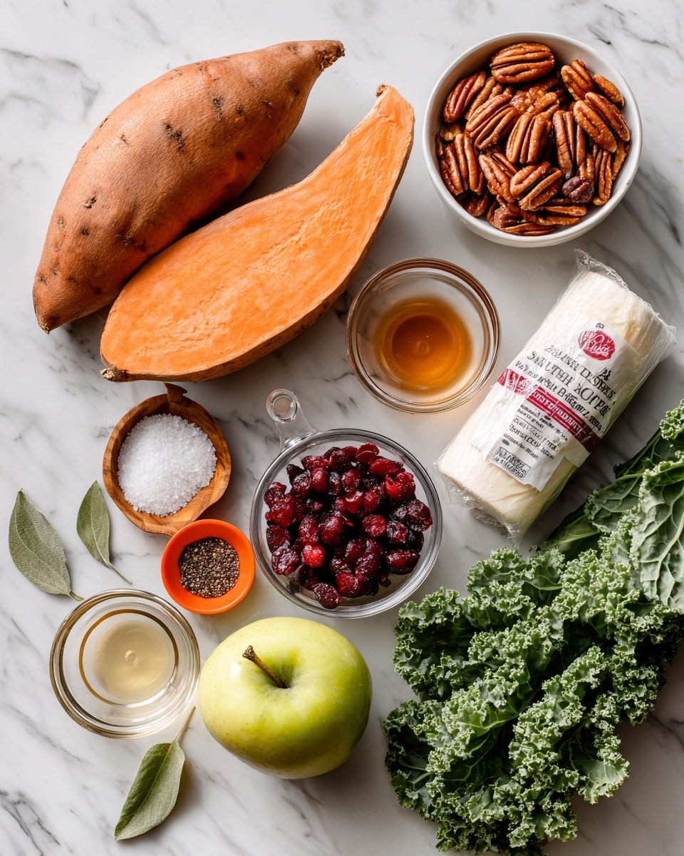 The image shows fresh ingredients neatly arranged on a white marbled surface. There are three large orange sweet potatoes on the left, next to a small wooden bowl of salt and a bright orange small bowl holding black pepper. Below these is a small glass bowl of light-colored oil and a measuring cup filled with dried cranberries. Above the cranberries is a round glass bowl with a light brown liquid, likely syrup or honey, and behind it is a small white bowl filled with pecans. A green apple with a leaf on its stem sits near a white packaged roll of creamy goat cheese with red and black text. On the right side, a fresh bunch of curly kale rests on the surface, adding a rich green color. Everything is well lit and carefully spaced, photo taken with an iphone --ar 4:5 --v 7