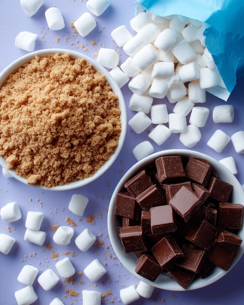 The image shows a light purple background with a white bowl filled with crushed light brown graham crackers on the left and another white bowl filled with dark brown chopped chocolate squares on the right. Above the bowls is a light blue bag of mini baking marshmallows spilling out white mini marshmallows that scatter on the surface. The marshmallows are small, soft, and round. The scene is bright and colorful with a playful feel. photo taken with an iphone --ar 4:5 --v 7