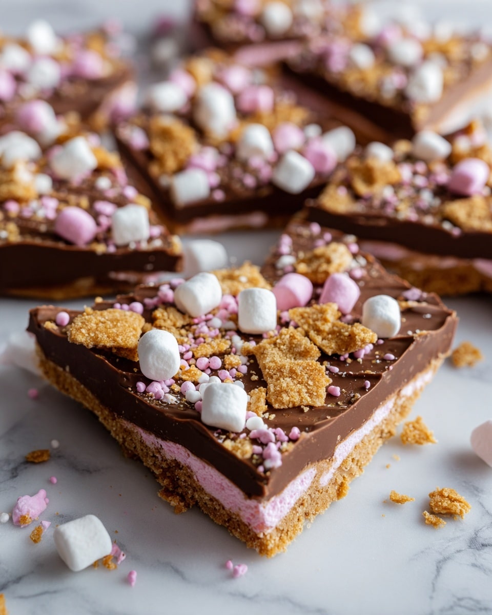 Pieces of rocky road chocolate bark lie spread on a white marbled surface. Each piece has three layers: the bottom layer is a pale pink marshmallow, the middle layer is rich, smooth brown chocolate with a shiny texture, and the top layer is decorated with whole and chopped white and light pink marshmallows, as well as crumbled light golden cookie bits scattered unevenly. The chocolate surface is slightly bumpy with nut pieces hidden inside. The bark pieces have irregular shapes and edges. Photo taken with an iphone --ar 4:5 --v 7