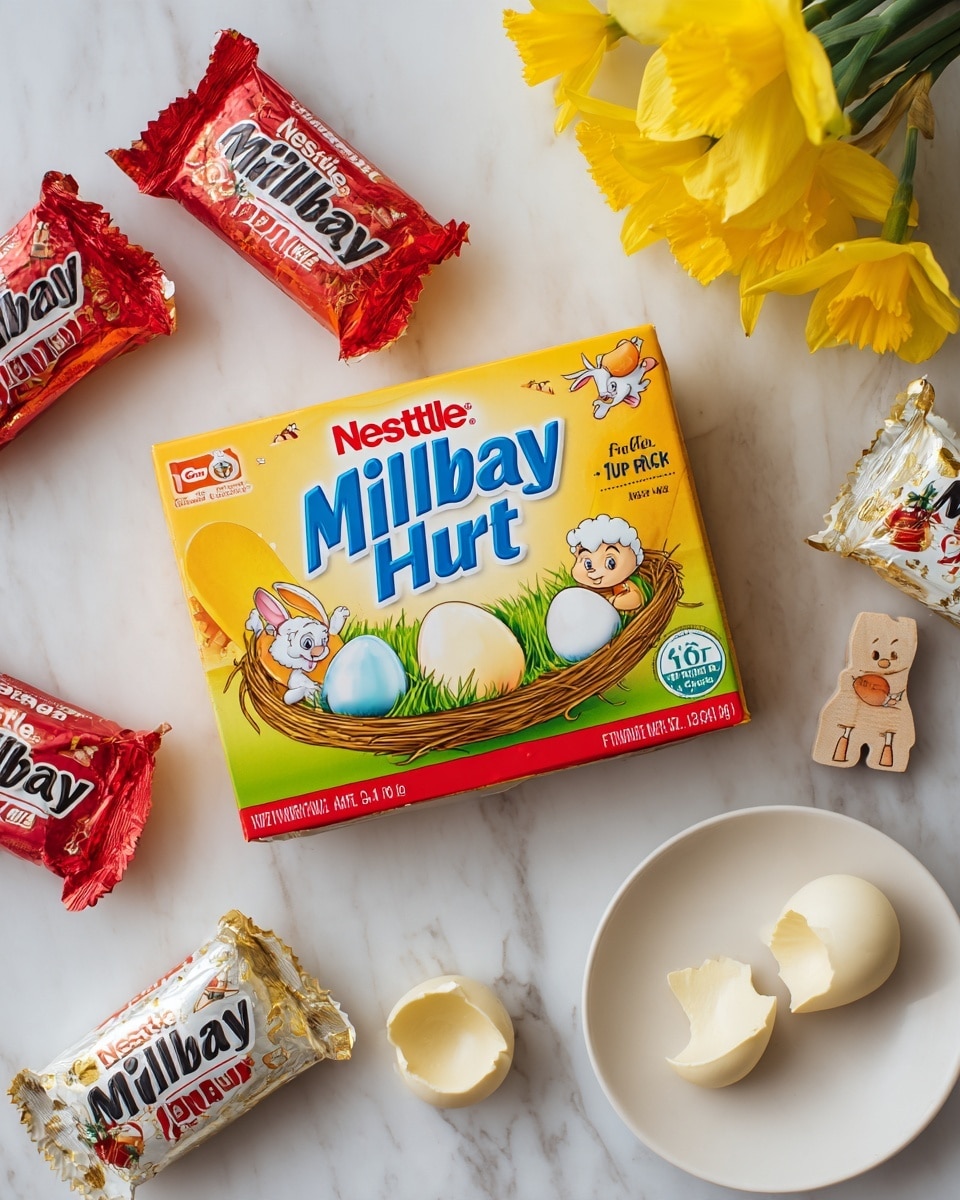 A box of Nestlé Milkybar Egg Hunt Pack stands in the center on a white marbled surface, the box showing a colorful design with two cartoon animals peeking from cracked white chocolate eggs in a yellow nest on a green base, labeled