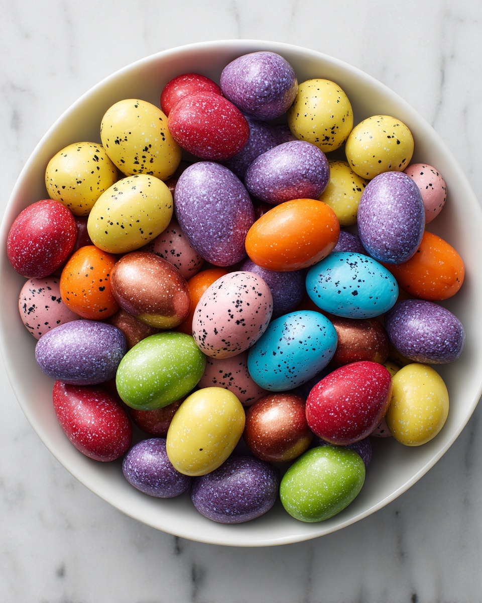 A round white bowl filled with many small egg-shaped candies in different colors and textures. The candies include light yellow, purple with dark specks, solid purple, bright red, shiny bronze, pastel pink with specks, green, blue, and orange. The candies are piled up so they fill the bowl with a mix of smooth and speckled surfaces. The bowl sits on a white marbled surface. photo taken with an iphone --ar 4:5 --v 7