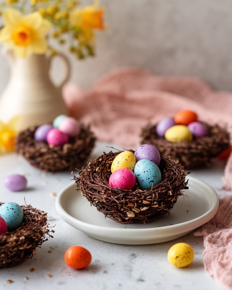 There are small dark brown nests made of oats on a light pink plate. Each nest has three shiny, colorful eggs inside — in yellow, light blue, pink, orange, red, purple, and metallic bronze. Some nests are in the background on a white marbled surface, with one in a white paper cup and another in a light green paper cup. A soft pink cloth and a pale rounded vase with yellow flowers are blurred in the background. The scene looks bright and clean with a soft focus. photo taken with an iphone --ar 4:5 --v 7