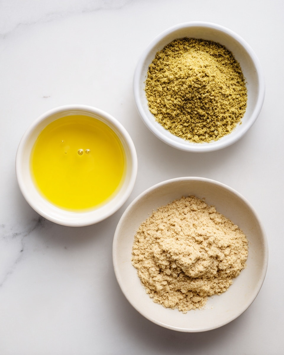 The image shows three white bowls placed on a white marbled surface. The bottom bowl holds a layer of light brown crumbly powder, spread evenly with some texture and small clumps. Above it to the right, there is a bowl filled with a coarse, greenish-yellow powder with a rough texture and some unevenness on the surface. To the left side is a smaller bowl filled with a smooth and shiny bright yellow liquid, with a few small bubbles on top. The bowls are arranged close but not touching, with a clear view of each ingredient. Photo taken with an iphone --ar 4:5 --v 7