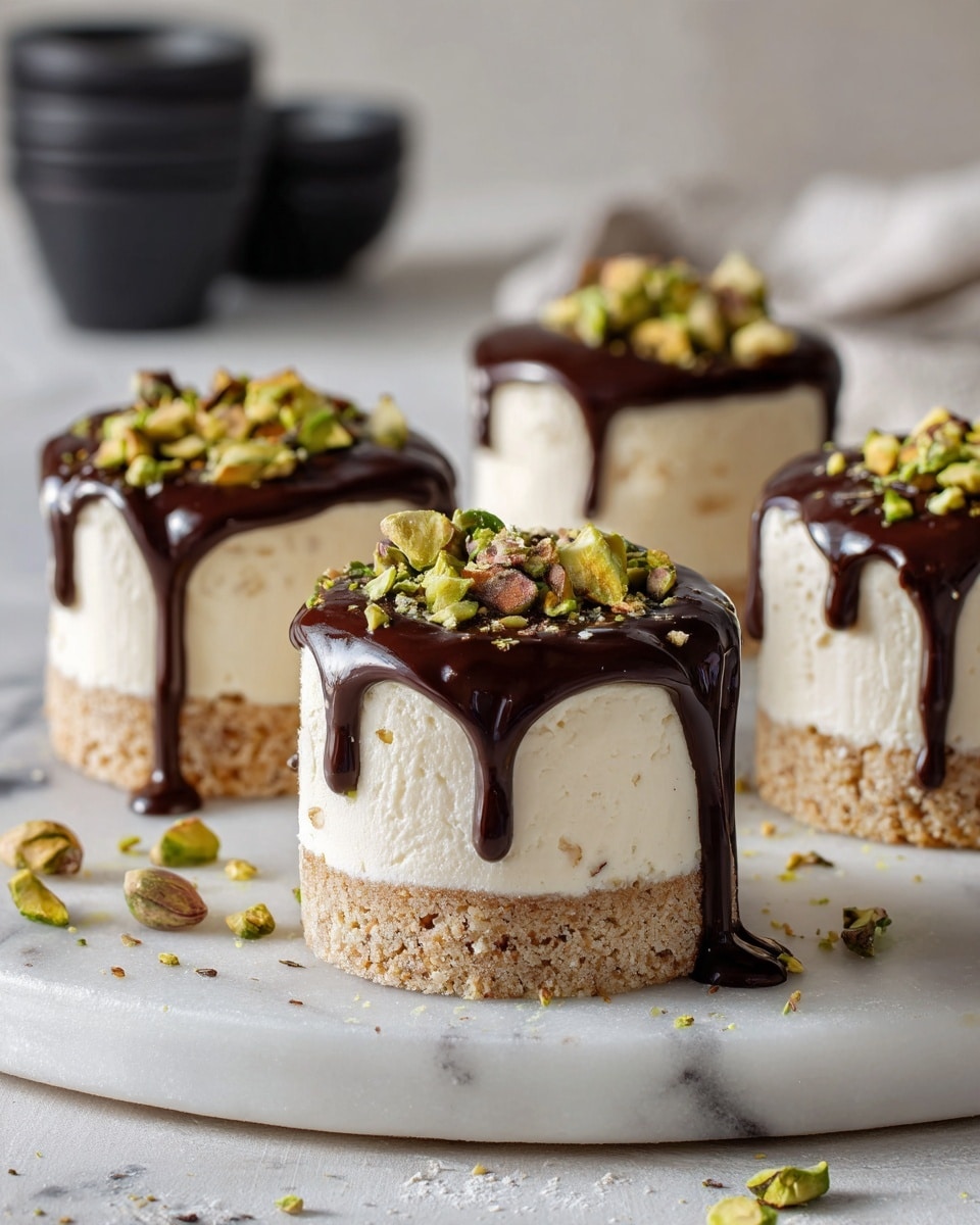 Four small round desserts sit on a white marble surface. Each dessert has three layers: a bottom layer of light brown with green bits suggesting crushed nuts, a thick middle layer that is creamy white and smooth, and a top layer of dark shiny chocolate that drips slightly over the sides. On top of the chocolate is a sprinkle of chopped green pistachios, adding texture and color. Small pieces of pistachios and some coffee beans are scattered on the marble surface around the desserts. Photo taken with an iphone --ar 4:5 --v 7