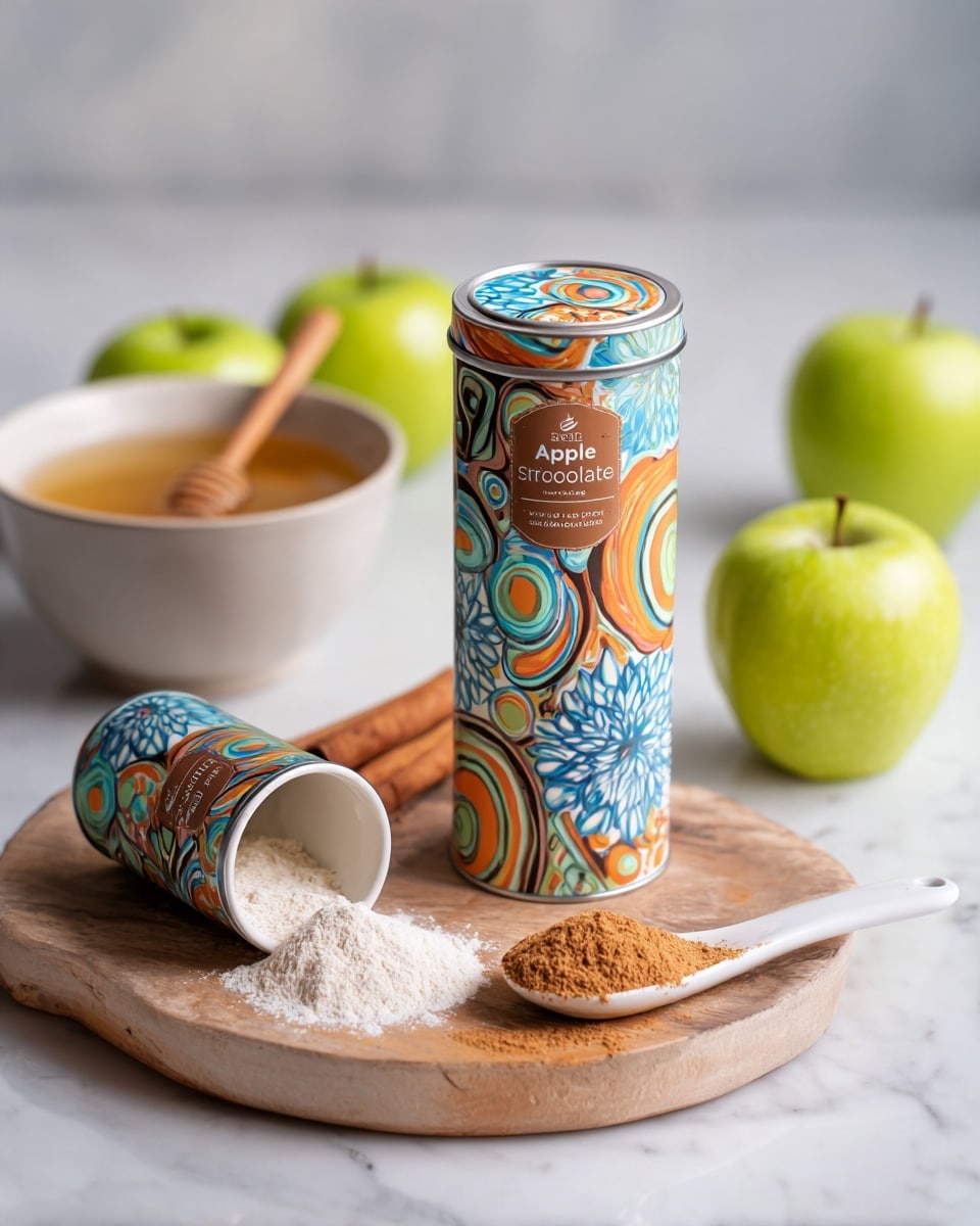 The image shows a tall, cylindrical tin with an orange, blue, white, and brown swirl pattern, labeled