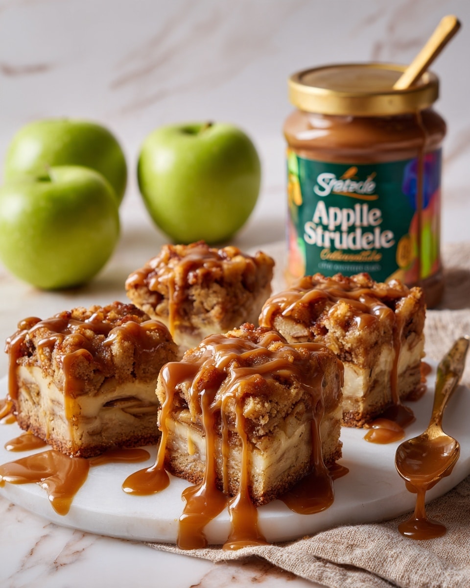The image shows a close-up of six square apple dessert bars arranged in two rows on white parchment paper over a white marbled surface. Each bar has three visible layers: a light brown crust at the bottom, a dense middle layer with small bits of apple and cinnamon, and a golden, crumbly top layer with drizzled caramel sauce that falls slightly over the edges. In the background, two green apples rest on a light brown cloth, next to a small glass jar filled with caramel sauce and a beige and blue container labeled