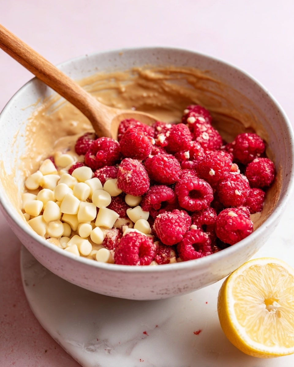 A close-up shot of a white bowl filled with light brown batter at the bottom, topped with a mix of bright red raspberries and small chunks of pale yellow white chocolate. A wooden spoon stands inside the bowl, leaning on the left side. The bowl rests on a white marbled surface, with a halved lemon showing its yellow flesh on the bottom right corner. The background is soft pink. Photo taken with an iphone --ar 4:5 --v 7