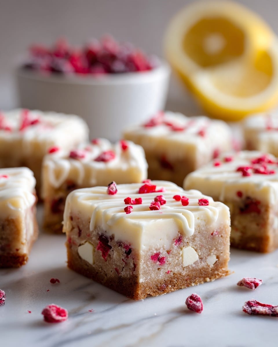 The image shows several square pieces of blondie bars arranged on a white marbled surface. Each blondie has two main layers: a dense, light brown base filled with visible white chocolate chunks and bits of red fruit, topped with a smooth, white icing layer. The icing is decorated with small, scattered, bright red freeze-dried fruit pieces. In the background, there is a blurred white bowl with red fruit and a halved lemon, all on a white marbled surface. Photo taken with an iphone --ar 4:5 --v 7
