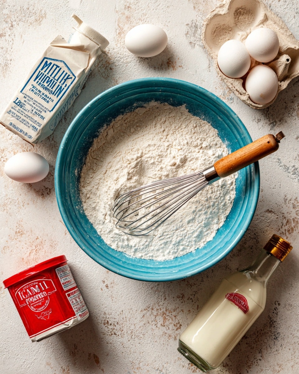 A blue mixing bowl filled halfway with white flour sits on a white marbled surface with a whisk resting against the bowl, featuring a wooden handle and metal wires. Nearby, two white eggs lean against an organic milk carton labeled Vitamin D, along with a red container of baking powder and a bottle of pure vanilla extract with a golden cap. The setup shows all ingredients neatly arranged ready for baking, photo taken with an iphone --ar 4:5 --v 7