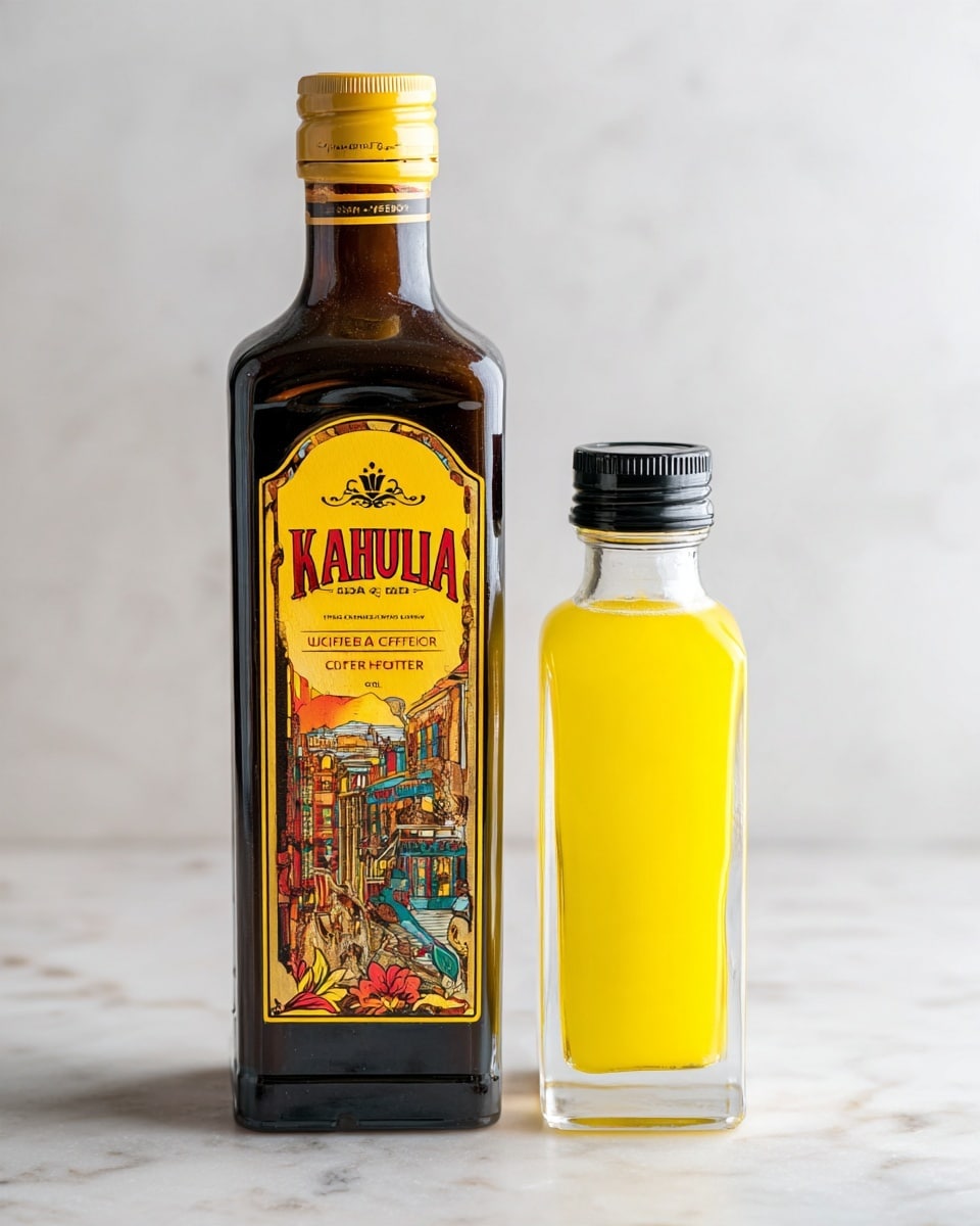 The image shows two bottles placed side by side on a white marbled surface. On the left, there is a tall dark brown bottle with a colorful yellow and red label that reads