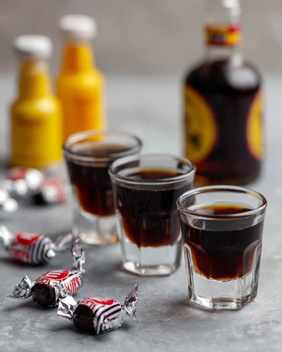 The image shows three clear glass shot glasses filled with a dark brown liquid, arranged in a slightly curved line on a gray textured surface. Around the shot glasses, there are many small wrapped Tootsie Roll candies with black, white, and red wrappers scattered randomly. In the background, slightly out of focus, there is a small clear bottle with a bright yellow orange liquid and a larger brown bottle with a colorful label. The text